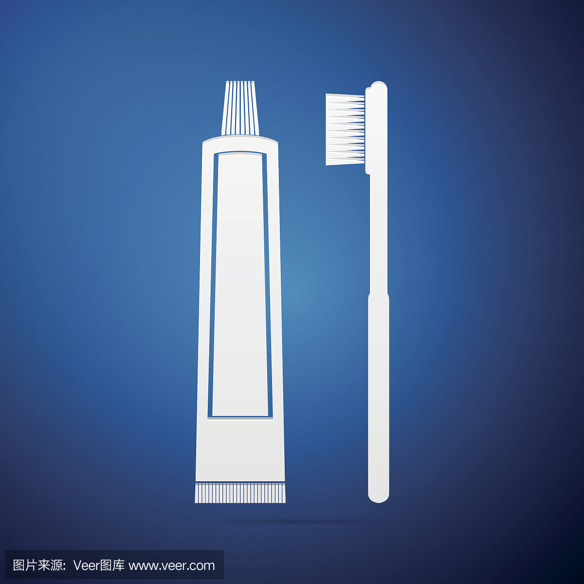 牙刷和牙膏平面图标上的蓝色背景。矢量图